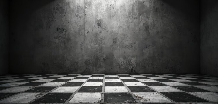 Black white checkered floor against textured wall. Dramatic vintage-style background. Grunge distressed look, moody atmosphere. Perfect for design projects, interior concepts or artistic themes.