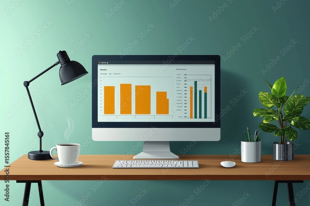 Poster modern workspace setup with desktop computer and professional dashboard display