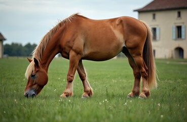 Fototapeta premium Brown draft horse grazes in green grass pasture. Horse eats grass in front of a house in French village. Rural farmland, peaceful countryside scene, animal domesticity.