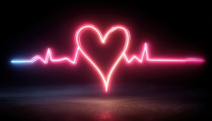 Glowing heart and heartbeat rhythm in neon against dark background