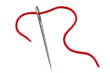 Close-up of sharp sewing needle pulling vibrant red thread through eye, pristine transparent background