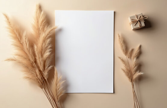 Blank invitation card mockup 5x7 on neutral beige background with boho decor. Feminine blog, baby shower, bridal shower mockup. Minimal bohemian template with dried plants and gift box.