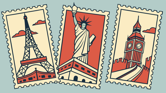 Illustrated Vintage Postage Stamps Featuring Iconic Global Landmarks for Travel, Tourism, and International Communication Concepts