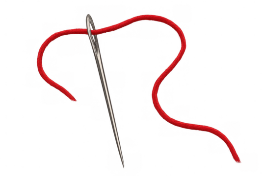 Close-up of sharp sewing needle pulling vibrant red thread through eye, pristine transparent background