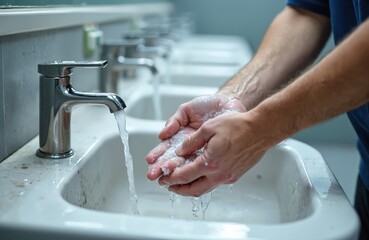 Mechanic washing dirty hands in public restroom sink. Water flowing from chrome faucet. Cleaning hands with soap after working day. Hygiene and sanitation concept.