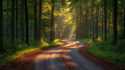 Forest road sunlight path