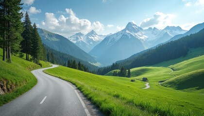 Obraz premium Winding road through green hills, Austrian Alps scenic view. Snow-capped mountains, blue sky with clouds. Pathway leads to adventure, travel. Serene landscape, idyllic nature. Beautiful panoramic