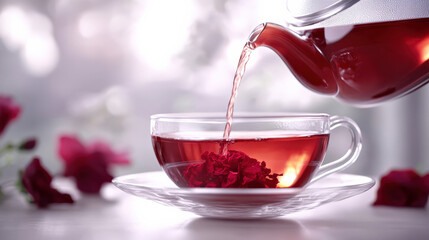 Fototapeta premium Pouring rose tea into glass cup with flowers on soft background