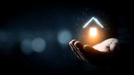 Businessman’s hand holding a glowing digital house icon symbolizing real estate, technology, and smart home concepts. Futuristic business theme with dark background and caption space on the side.