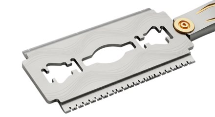 Close up of a stainless steel razor blade with a gold screw isolated on transparent background