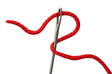 Needle with red thread weaving through a transparent background, creating a simple yet elegant design