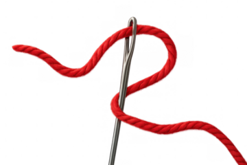 Needle with red thread weaving through a transparent background, creating a simple yet elegant design