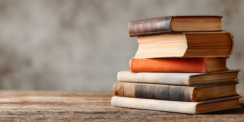 Stack of Knowledge: A weathered stack of vintage books, each with its own unique binding and character, sits on a rustic wooden surface, inviting the viewer to delve into the depths of knowledge.