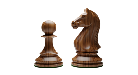 Wooden chess pawn and knight pieces facing each other isolated on transparent background