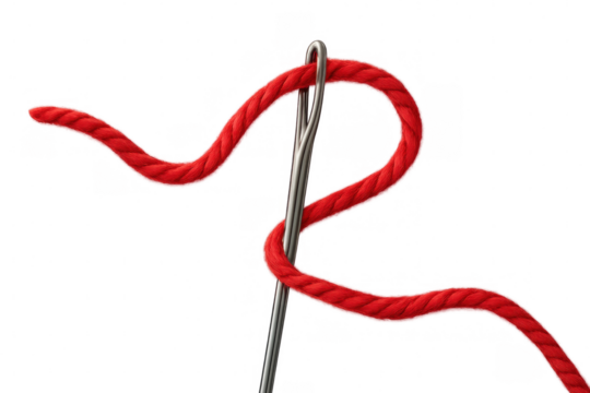 Needle with red thread weaving through a transparent background, creating a simple yet elegant design