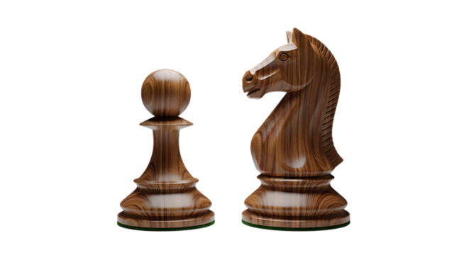 Wooden chess pawn and knight pieces facing each other isolated on transparent background