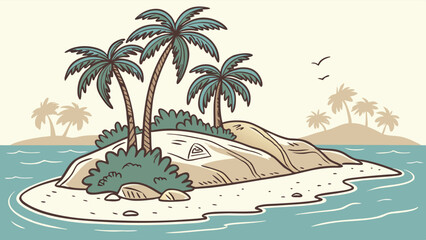 Hand-Drawn Tropical Island Illustration with Palm Trees and Sandy Beach. Isolated Deserted Paradise in Ocean. Cartoon Vector Art for Travel and Sum...