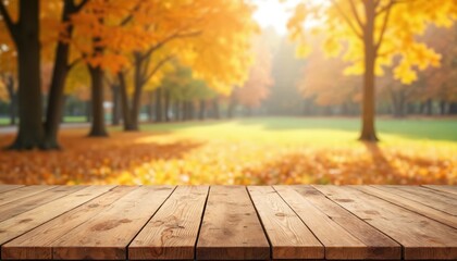 Empty wooden table top with blurred background of autumn Maple leaves. Autumnal season display, nature scene. Golden sunlight, space product placement.