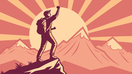 Triumphant Hiker Silhouette on Mountain Peak at Sunrise, Achieving Success and Freedom in Adventure, Retro Style Vector Illustration