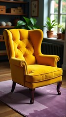 A bright yellow armchair sits in a sunlit room with plants and shelves, creating a cozy atmosphere.