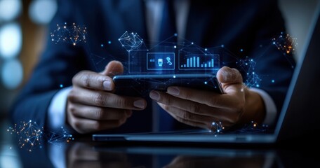 Business professional using modern technology with digital icons overlay outdoors