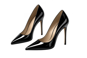 Elegant black high heel shoes, isolated on transparent background, fashion items