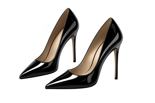 Elegant black high heel shoes, isolated on transparent background, fashion items