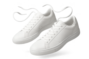 Pair of white sneakers, casual shoes isolated on transparent background, levitating