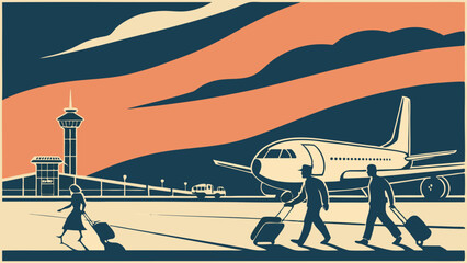 Retro Air Travel Illustration with Passengers and Airplane at Airport Tarmac, Stylized Vintage Journey Scene