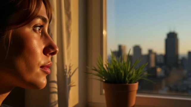 Young woman looking out window at city skyline during sunset  