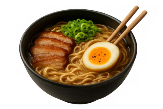 Steaming ramen noodles nestled in black bowl, topped with tender pork slices, soft-boiled egg, green onion garnish beside wooden chopsticks - Powered by Adobe