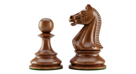 Two wooden chess pieces a pawn and a knight isolated on transparent background