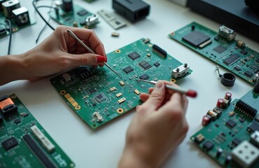 Close-up shot of hands examining green circuit board with precision tools on white workspace. Technical engineering concept, electronics repair, tech inspection, digital component analysis.