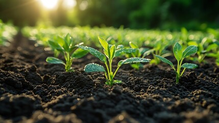 Young plants growing in dark soil