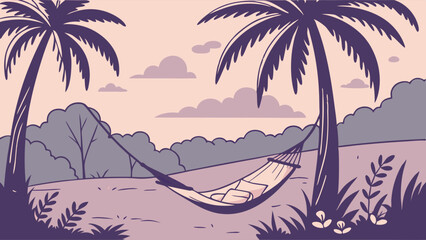 Serene Tropical Hammock Between Palm Trees. Relaxing Nature Landscape Illustration.