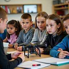 group children sitting around table classroom looking small black drone placed table front drone has camera attached appears quadcopter children different ages ethnicities wearing casual clothes boy