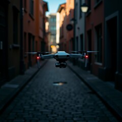 drone flying over cobblestone street night drone white four propellers camera attached street lined old fashioned buildings both sides buildings painted warm orange color sky dark street illuminated