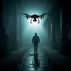 man walking down long narrow corridor pillars either side corridor dimly lit creating foggy atmosphere center drone flying low over man its propellers spinning drone black appears hovering above man