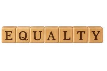 Wooden cubes spelling equality stacked together, representing social justice and fairness principles on transparent backdrop