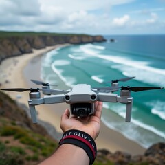 person hand holding white drone four propellers drone hovering above cliff overlooking ocean cliff covered greenery sandy beach visible background sky blue clouds ocean beautiful turquoise color