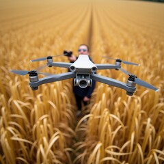 person standing field tall golden wheat stalks person holding white drone four propellers camera attached drone hovering above person head take photo sky blue sun setting casting warm glow over field