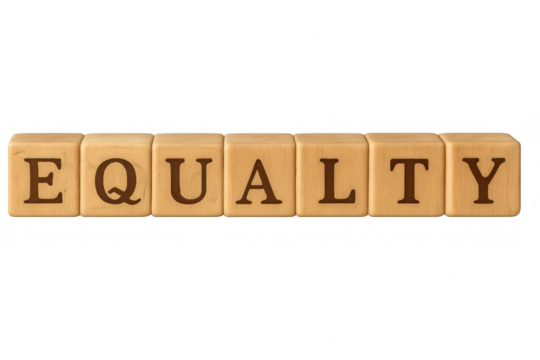 Wooden cubes spelling equality stacked together, representing social justice and fairness principles on transparent backdrop