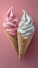 Pink and white soft serve ice cream cones on a table