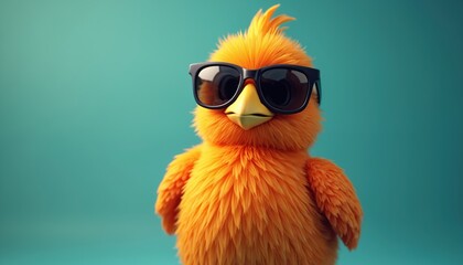 Cool cartoon orange bird wearing sunglasses on teal background. Funny avian character with stylish eyewear. Cute fluffy chick with visor, summer vibes, bright colors. Playful, cheerful, trendy look