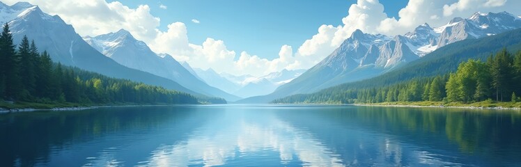 Naklejka premium Scenic summer landscape illustration. Clear blue lake, mountains, green forests under bright sky. Mountain lake reflects nature, eco environment. Wallpaper for travel, tourism, vacation, adventure.