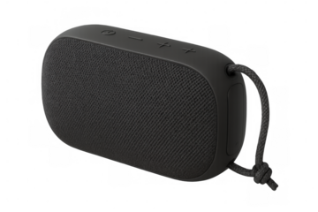 Black portable wireless speaker with fabric covering and carrying strap isolated on transparent background