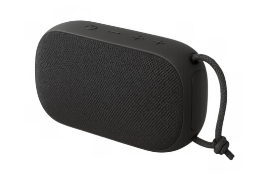 Black portable wireless speaker with fabric covering and carrying strap isolated on transparent background