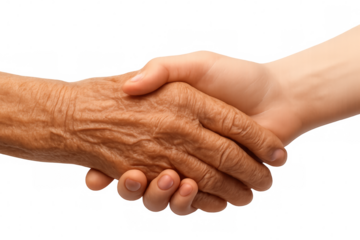 Multigenerational handshake, young professional greeting senior with warmth and respect against neutral backdrop