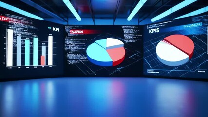 A futuristic control room with KPI dashboards featuring bar and pie charts on three screens - Powered by Adobe