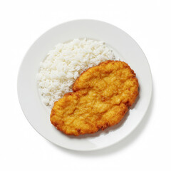 Plate of chicken schnitzel with rice isolated on white background